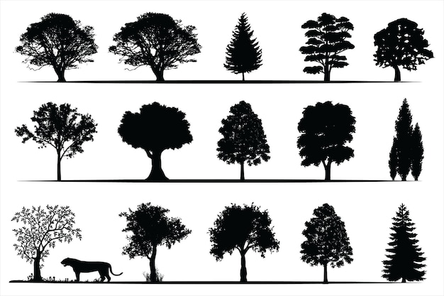 Tree silhouettes set, Vintage trees and forest silhouettes Collection in monochrome style isolated