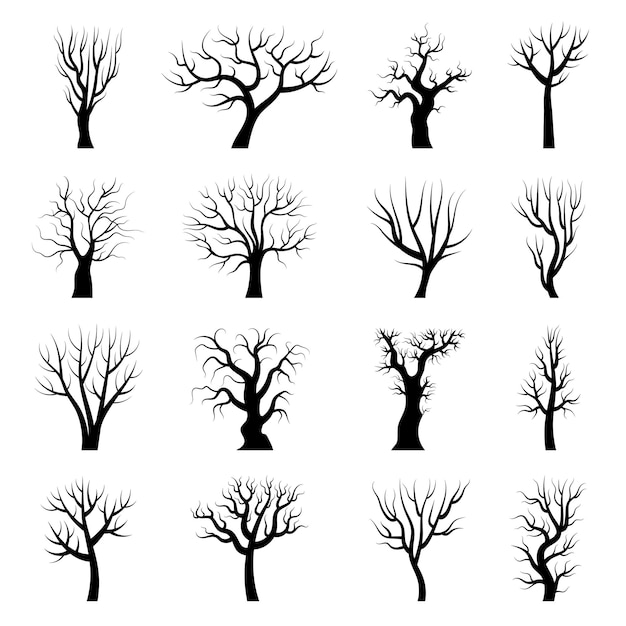 Vector tree silhouettes. winter tree branches dead autumn plants trunks vector illustrations. wood autumn tree, forest winter branch collection