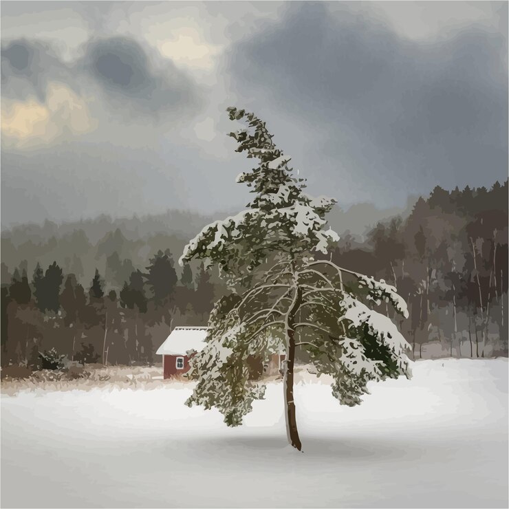 Vector a tree in the snow with a red cabin in the background
