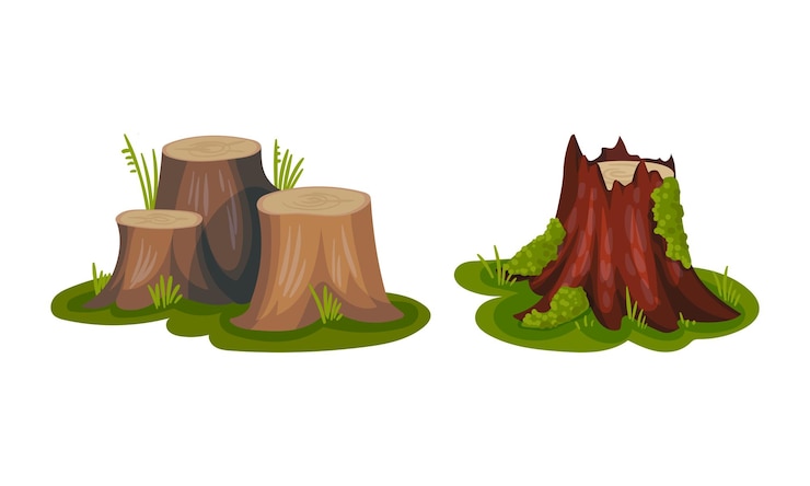 Vector tree stump as small part of trunk with roots in the ground vector set
