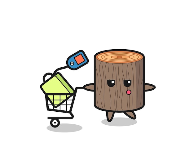 ショッピングカートのかわいいデザインと木の切り株のイラスト漫画