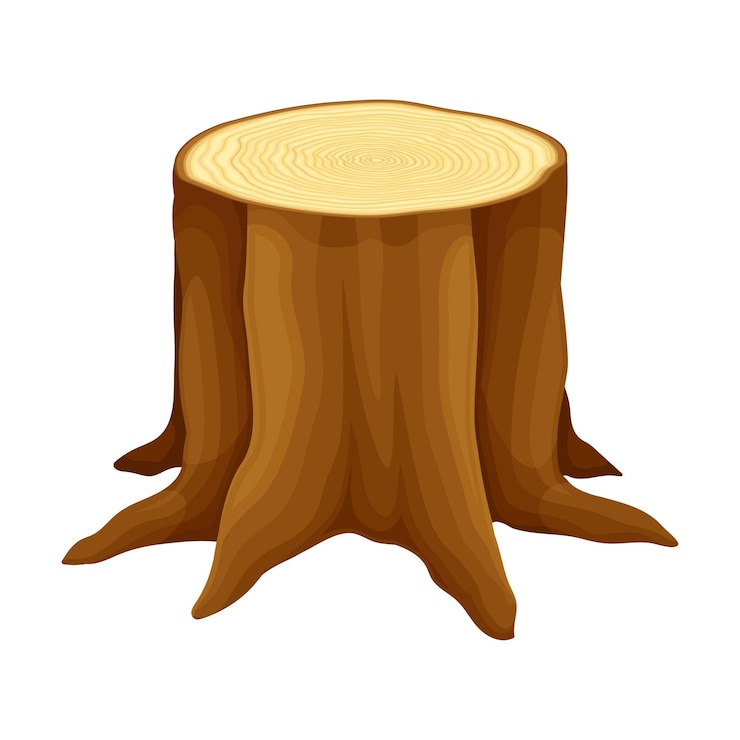 Vector tree stump with roots in the ground as felled or cut trunk vector illustration