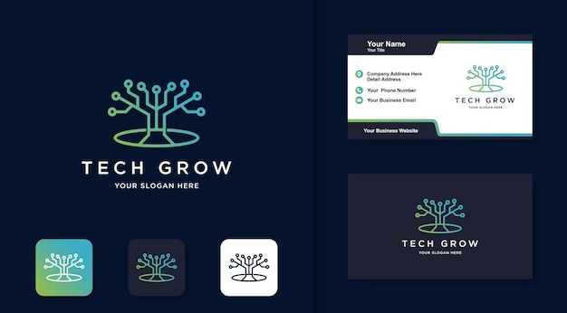 tree tech line-logo, met circuitconcept en visitekaartje