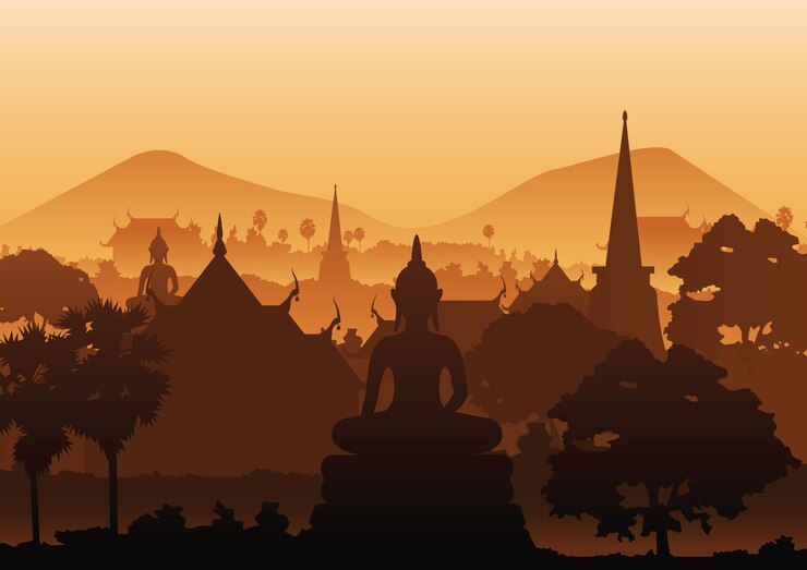 Tree temple image of Buddha sculpture pagoda seaMyanmarThailandvector illustration