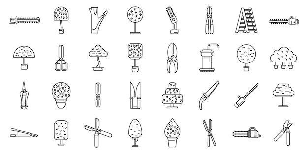 Tree trimming icons set outline vector Chainsaw tree