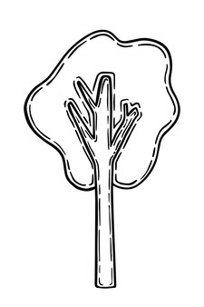 Tronco d'albero con foglie di doodle lineare