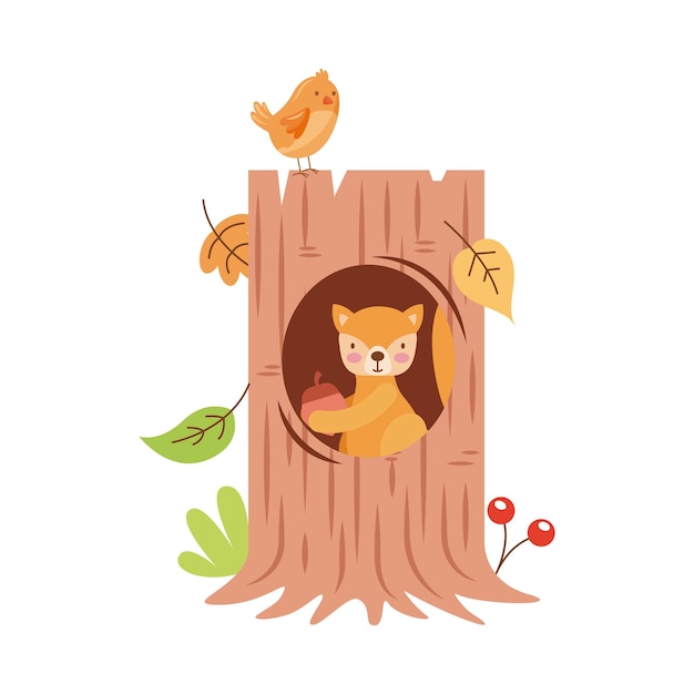 Vector tree trunk with squirrel vector