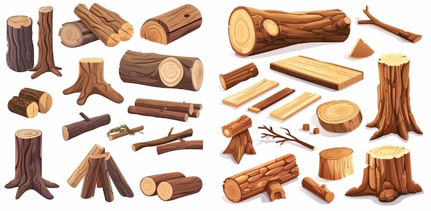 Tree trunk woodwork planks and logging twigs lumber industry chopped firewood material isolated vector illustration icons set