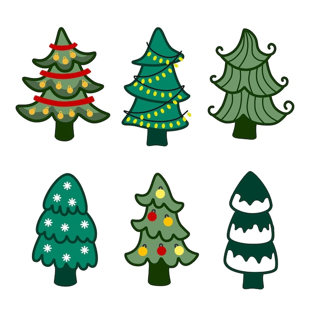 Tree, winter colorful cartoon isolated on white background. Set of cartoon fir tree vector