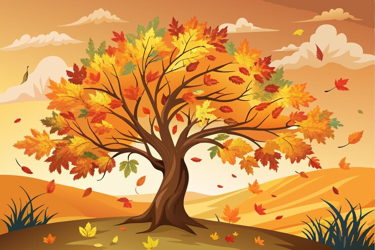Vector a tree with autumn leaves on it and a colorful background