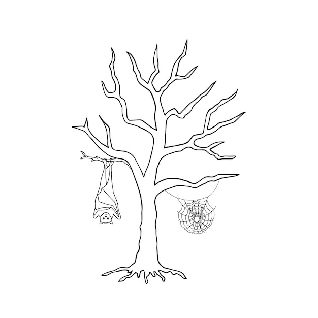 Vector tree with a bat and a web hand drawn vector illustration for coloring cards printing packaging