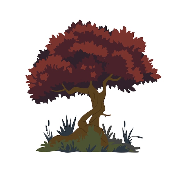 Vector tree with a beautiful crown grows in a marshy area