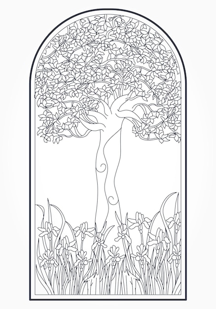 가지와 꽃이 있는 나무 라인아트