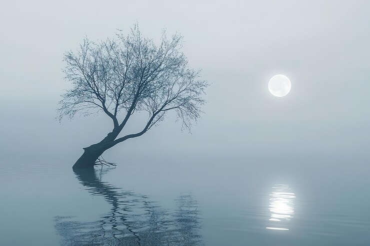 Vector a tree with branches growing in the water a dead branch protruding from it the moon shining on top a