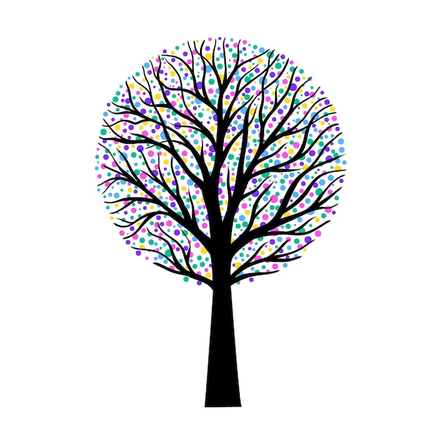 Vector a tree with a crown in the shape of a circle and colorful dots stylized as leaves