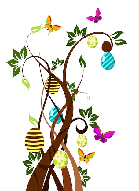 A tree with eggs and butterflies on it