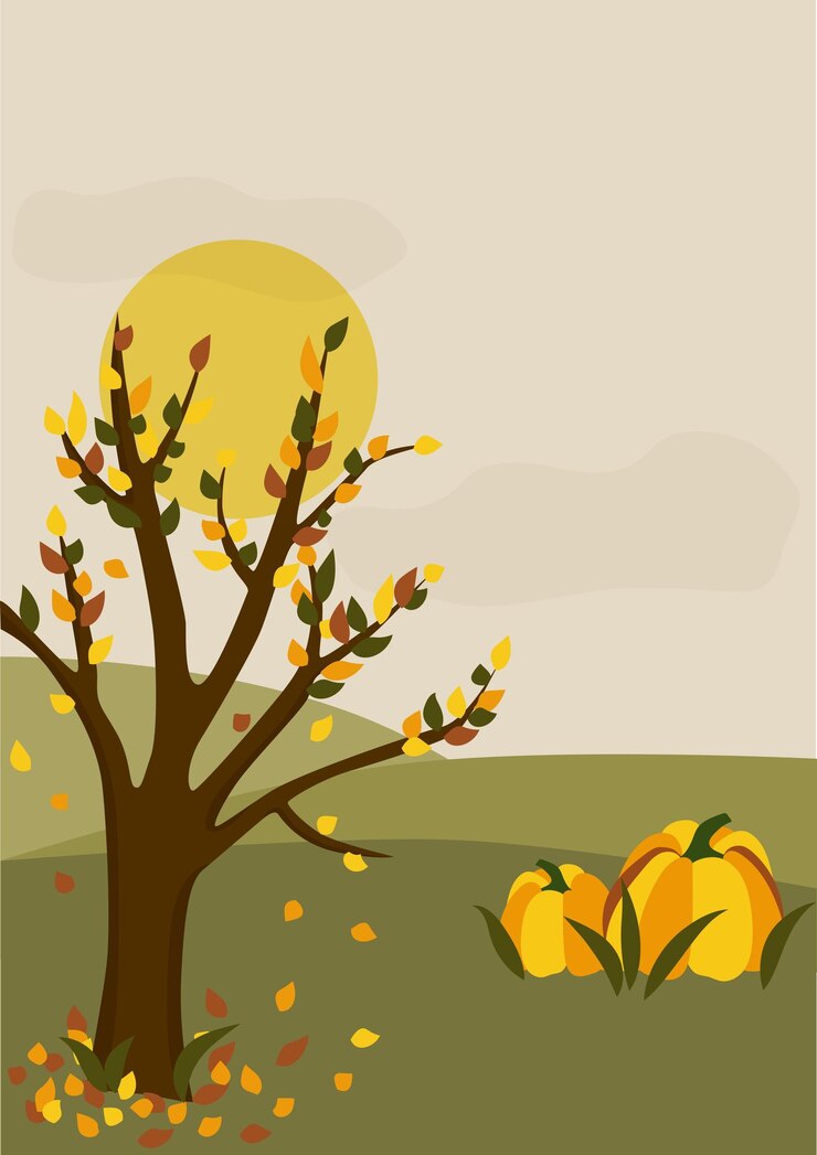 वेक्टर tree with falling autumn leaves in a field next to pumpkins