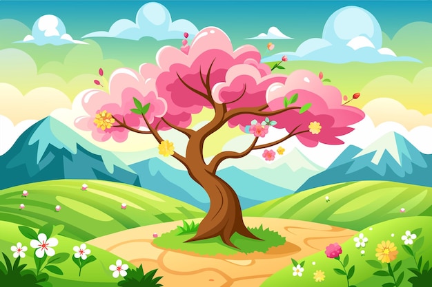 a tree with flowers and a path in the middle of the picture