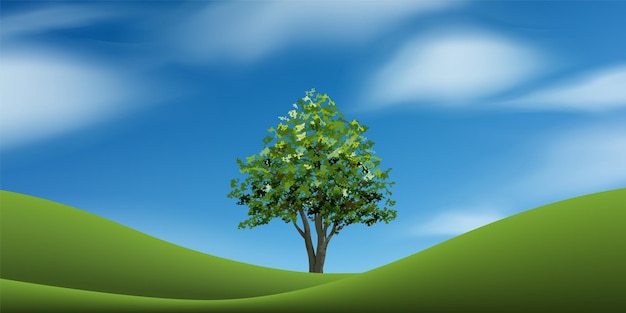 tree with green grass hill or mountain area and blue sky. abstract background park and outdoor for landscape design idea. vector illustration.