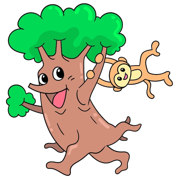 Un albero con una faccia felice che cammina giocando con la scimmia appesa, illustrazione vettoriale scarabocchiare icona immagine kawaii.