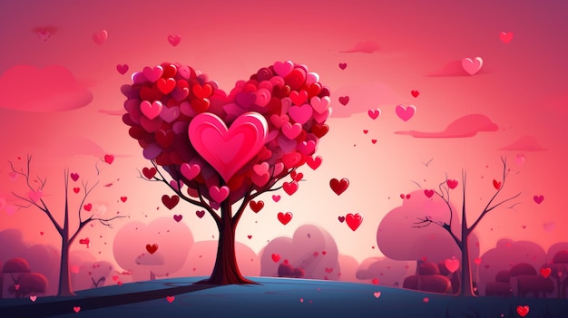 Vector a tree with hearts and a tree with a pink background