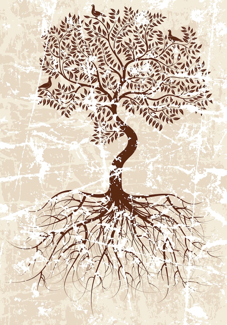 Vector tree with leafs bird roots on grunge background all element grouping together for design