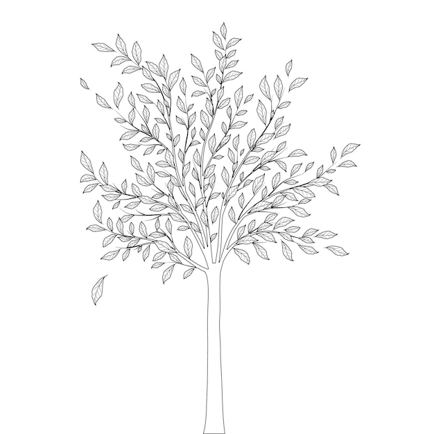 흰색 배경 벡터에 잎 윤곽선이 있는 나무
