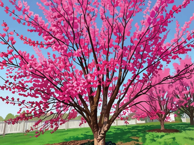 Vector a tree with pink flowers and a house in the background