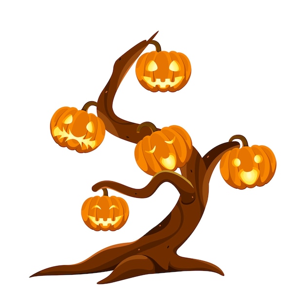 Vector a tree with pumpkins on halloween. decor.