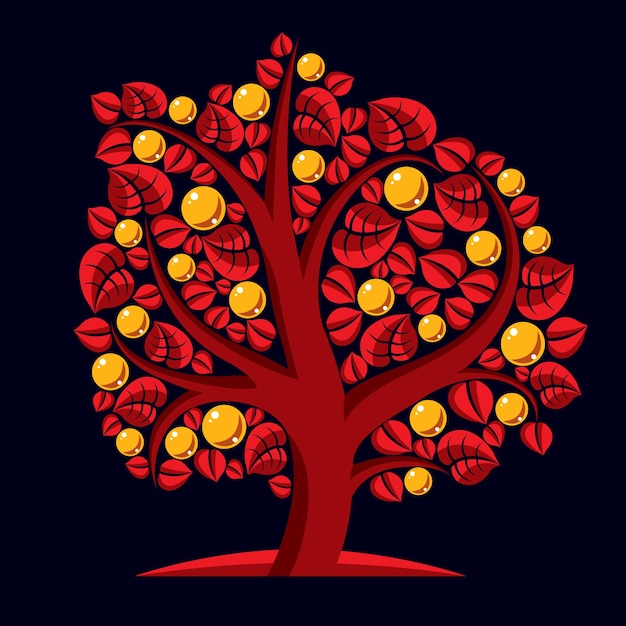 熟したリンゴの木、収穫期のテーマイラスト。実り豊かさと出産のアイデアの象徴的なイメージ。