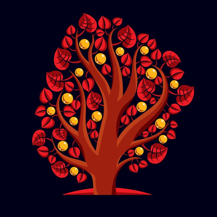 वेक्टर tree with ripe apples, harvest season theme illustration. fruitfulness and fertility idea symbolic image.