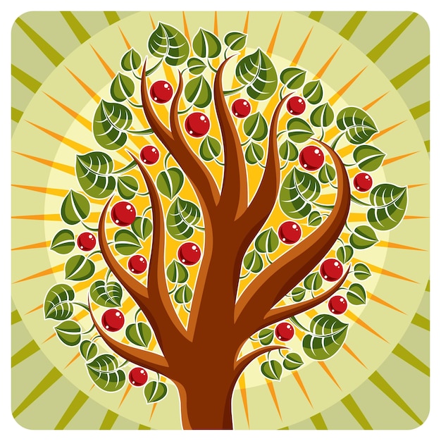 Tree with ripe apples placed on stylized background, harvest season theme illustration. Fruitfulness and fertility idea symbolic image.