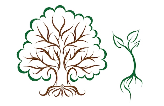 Дерево с корнями и зеленое растение с листьями изолированный вектор белого фона