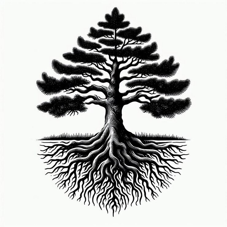 Vector tree with roots and pine silhouette line engravingstyle illustration