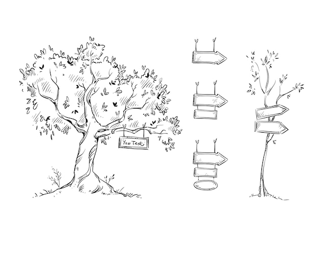 Vettore albero con segno, segni disegnati a mano, illustrazione vettoriale