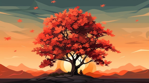 Vector a tree with a sunset and the sun behind it