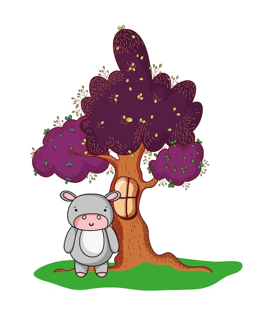 Tree with window and cute hippopotamus wild animal