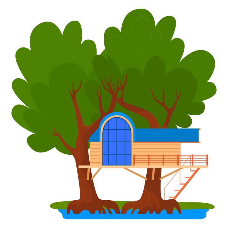 Vector tree wood playhouse with nature summer playground design for kids vector illustration cute house building outdoors ladder to children home