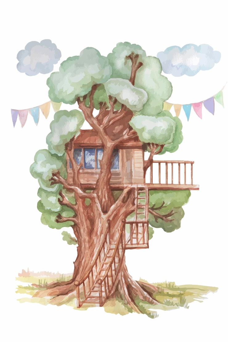Vector treehouse forest nature watercolor illustration hand drawn patern seamless clouds childrens