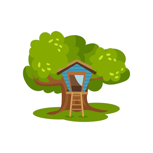 緑の木の上のツリーハウス・ハット (子供のためのアウトドア活動とレクリエーションベクトル) 白い背景に隔離されたイラスト