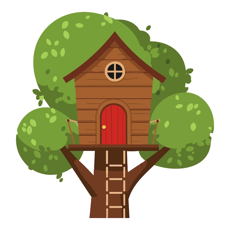 Vector treehouse with red door and wooden ladder surrounded by green leafy trees vector illustration