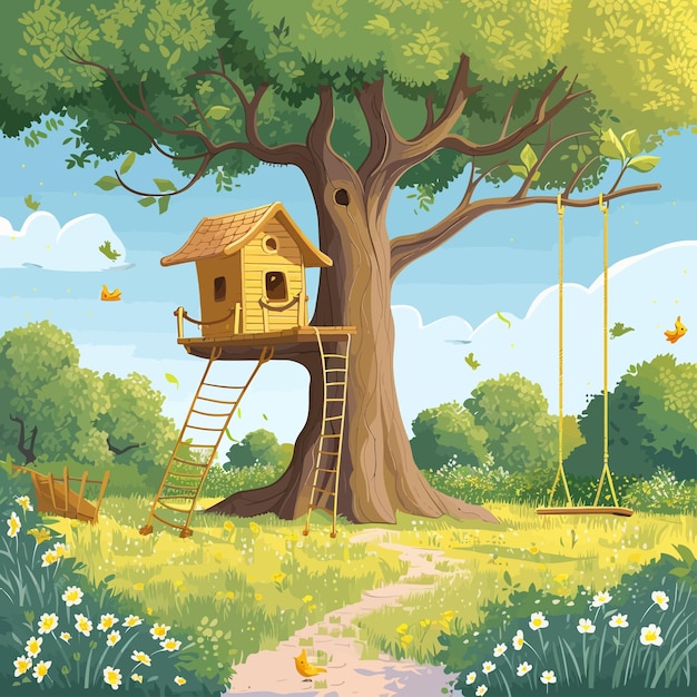 Vector treehouse_with_swing_in_the_park_vector