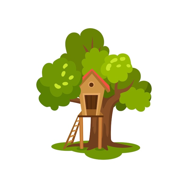 Treehouse wooden hut on tree with ladder for kids outdoor activity vector Illustration isolated on a white background