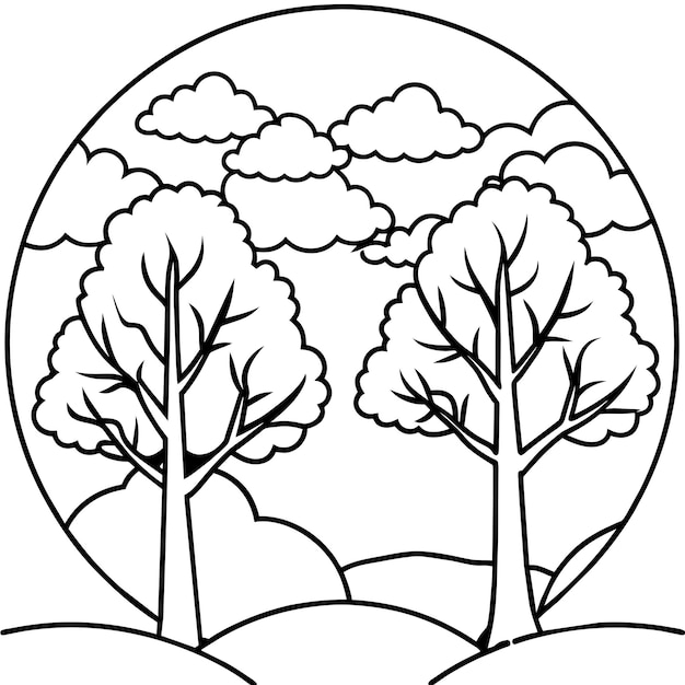 Vector trees against sky during sunset vector coloring page