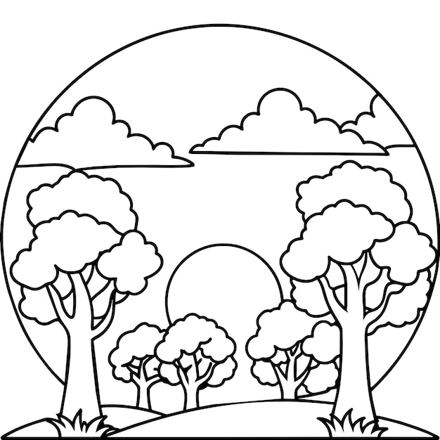 Vector trees against sky during sunset vector coloring page