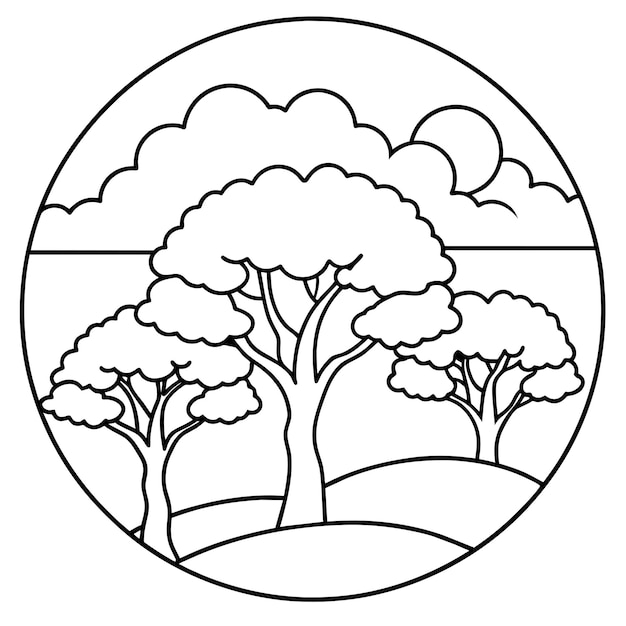 Trees against sky during sunset vector coloring page