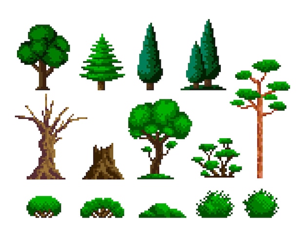 Vettore set di icone pixel art per alberi e cespugli da cortile collezione di logo degli elementi forestali app di gioco sprite a 8 bit