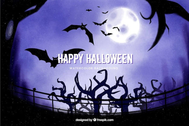 Vector trees and bats halloween background