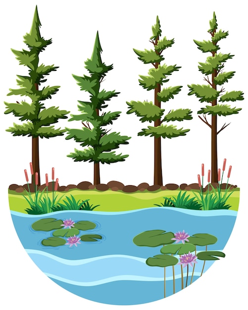 Vector trees by the river scene