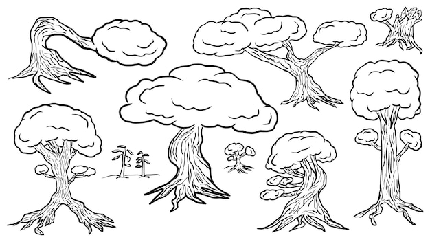 Вектор Деревья концепт-арт рисованной каракули векторный контур коллекция шаблонов для раскраски